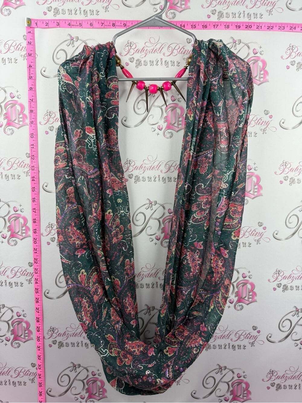 SCARF spikes infinity circle Dark Green Paisley Infinity Scarf Pink Accents